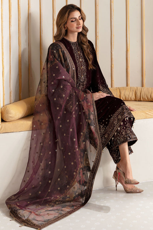 750 - Embroidered Velvet 3-Piece Dress with Organza Dupatta