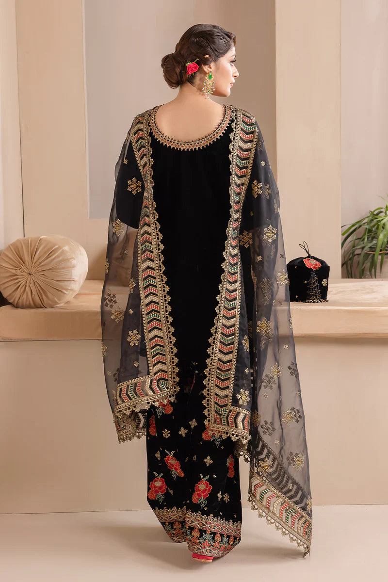 978-3PC Embroidered Velvet Dress With Organza embroidered Dopata