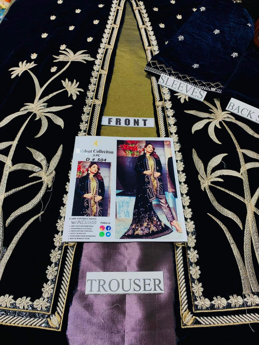 Blue 3 Piece Embroidered Velvet FCC BT-11