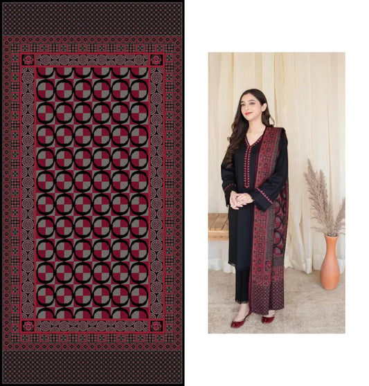 Black Dhanak Embroidered 3 piece With Woolen Duppata Fcc-883