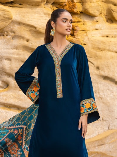 430 - Embroidered Velvet Dress with Printed Karandi shawl