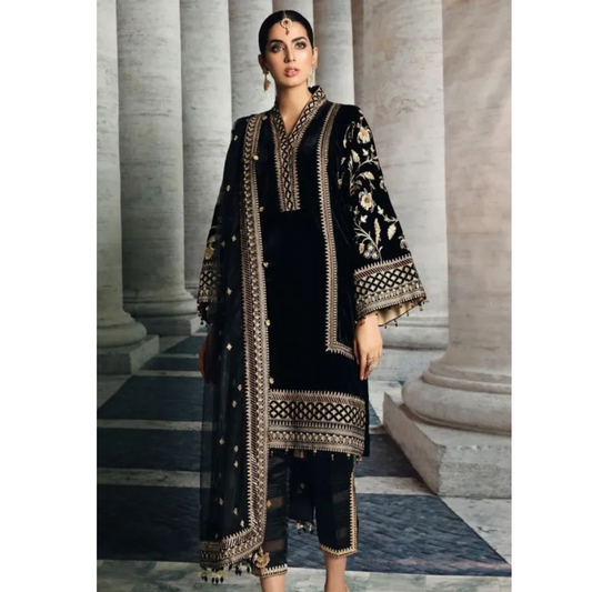 969-3PC Velvet Embroidered Dress With Organza Embroidered Shawl