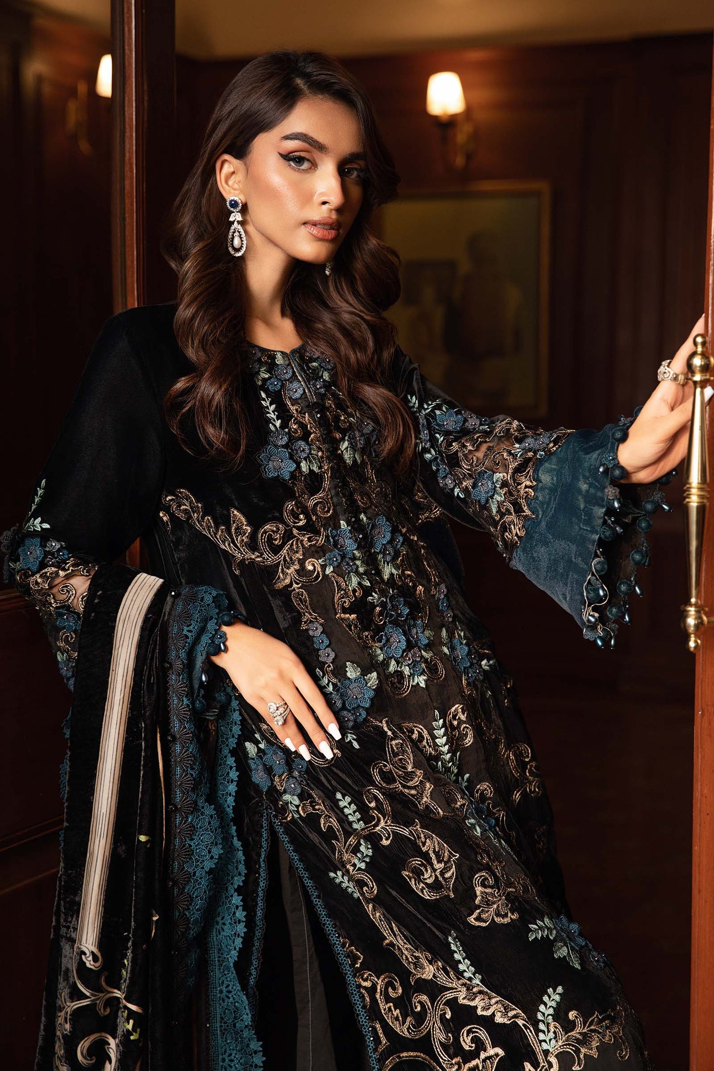 7003 Embroidered Velvet Dress with Plachi Velvet Shawl