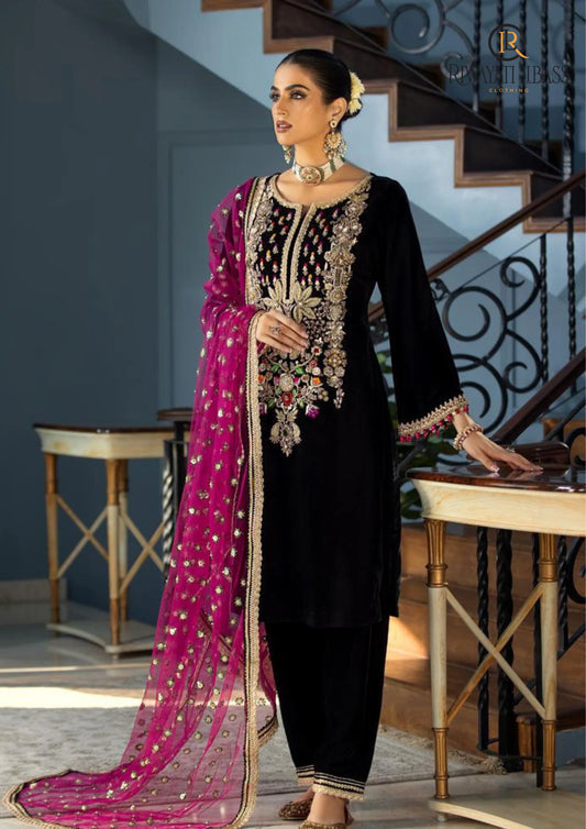964-3PCs Velvet Dress With Embroidered Organza Dupatta