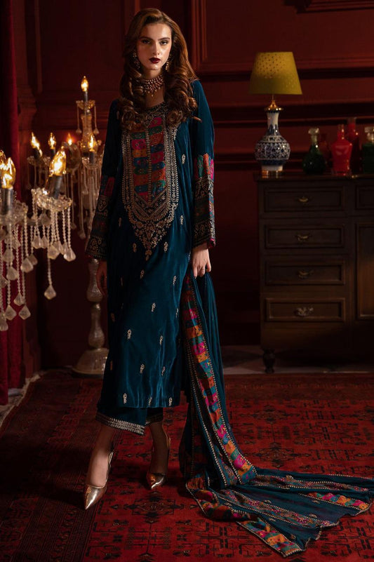 744 Embroidered Velvet Dress with Printed