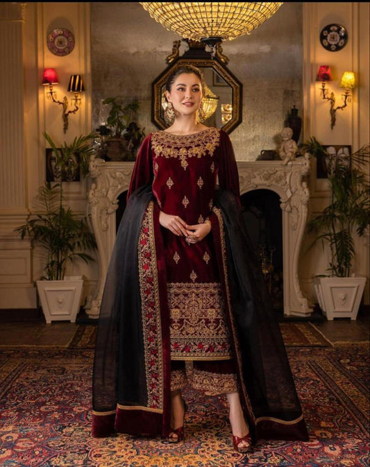 617 3PC Velvet Embroidered Shirt With Organza Embroidered Dupatta