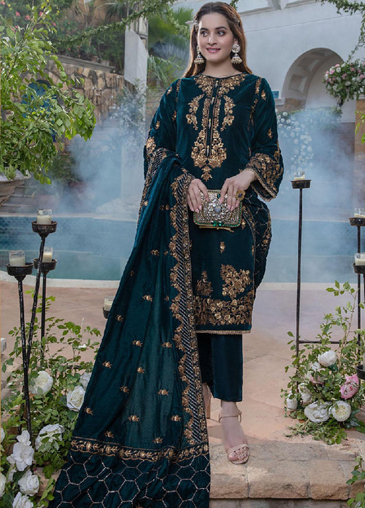 2050 Sequance Embroidered Velvet Three piece With Velvet Shawl