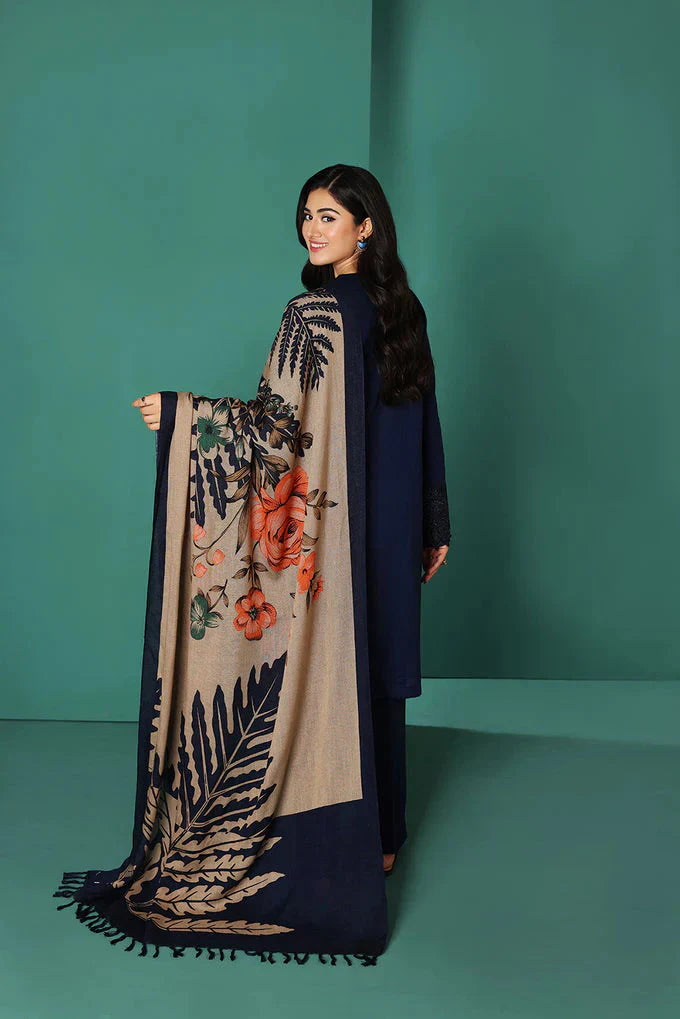 Nishat Blue Dhanak Embroidered Three Piece With Silk Woolen Shawl 539
