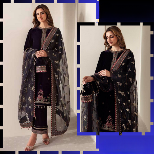 952 3-Piece Embroidered Velvet Suit Embroidered Organza Dupatta