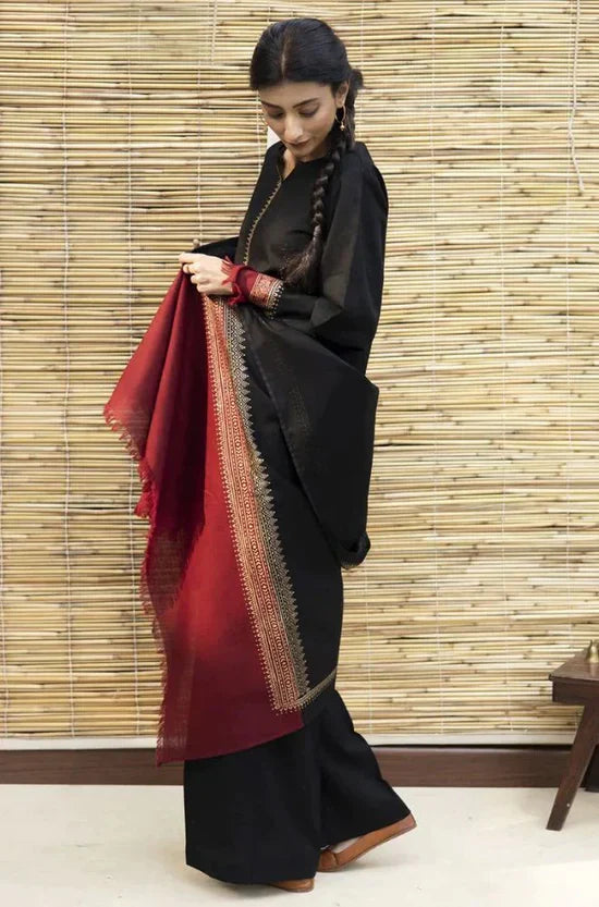 Black Dhanak Embroidered 3 piece With Dhanak Shawl Fcc-451