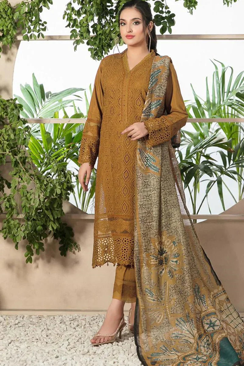 Chikenkari Dhanak Embroidered Three Piece Collection (D-762 Musturd)
