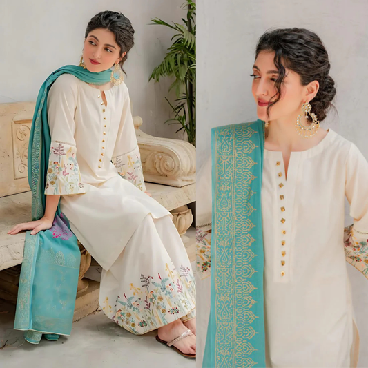 Embroidered Off White Lawn 3 Piece Suit D/882