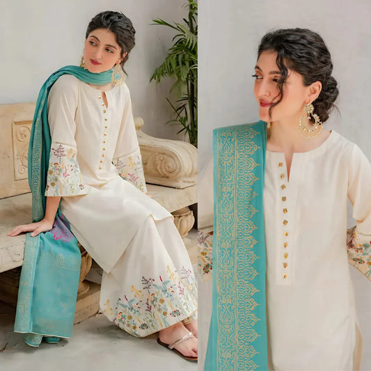 Off white Dhanak Embroidered 3 piece With Woolen Duppata Fcc-882