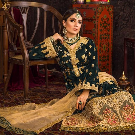 983-3 PC Velvet Embroidered Shirt With Organza Embroidered Dupatta