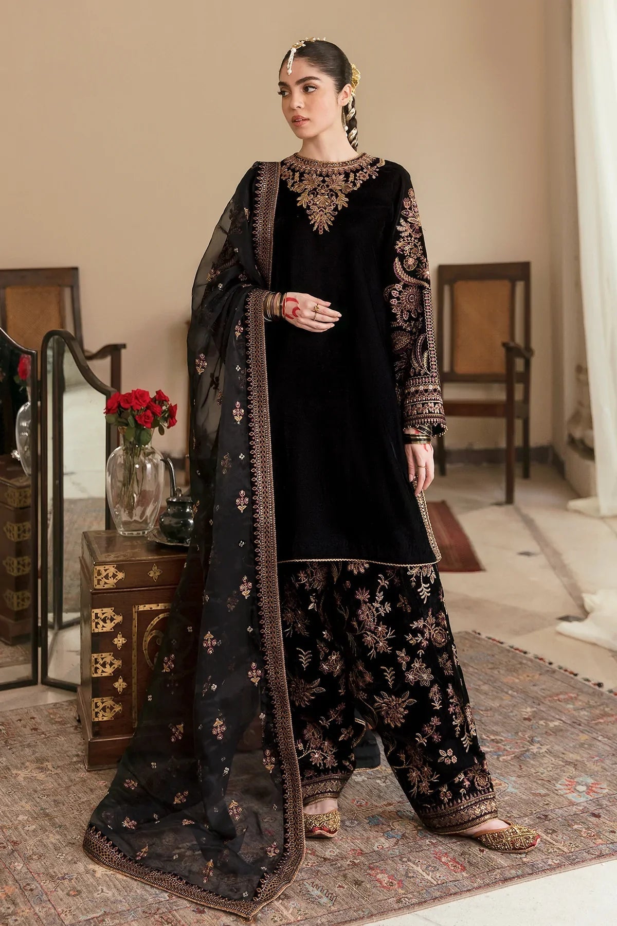 621 Embroidered Velvet Dress With Organza embroidered Dupatta