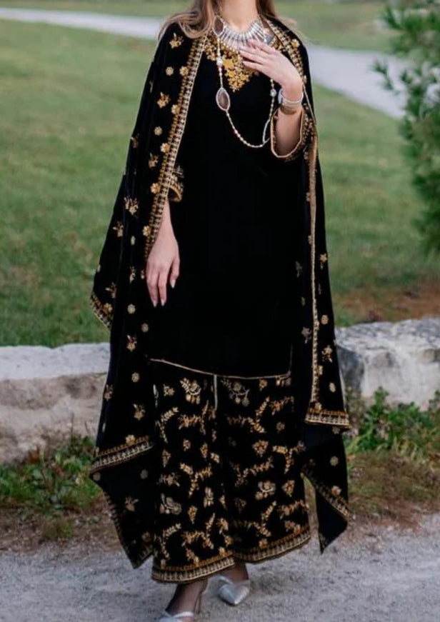 303 - Embroidered Velvet 3-Piece Dress with Velvet Shawl