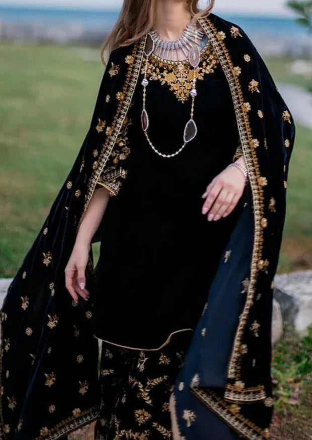 303 - Embroidered Velvet 3-Piece Dress with Velvet Shawl