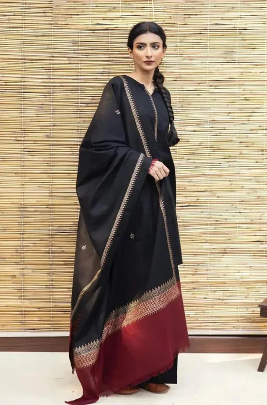 Black Dhanak Embroidered 3 piece With Dhanak Shawl Fcc-451