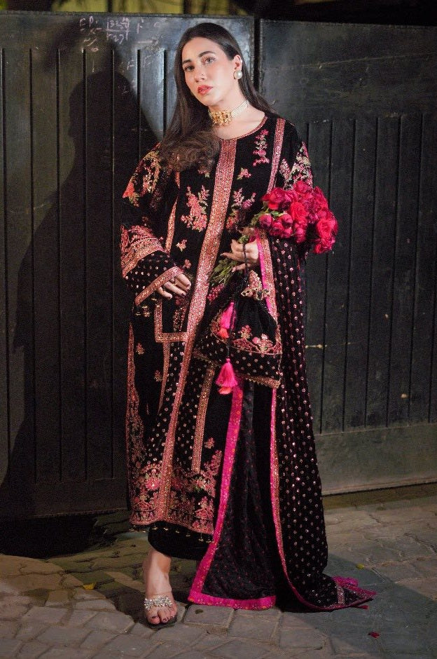 7007 - Embroidered Velvet Dress with Embroidered Dupatta