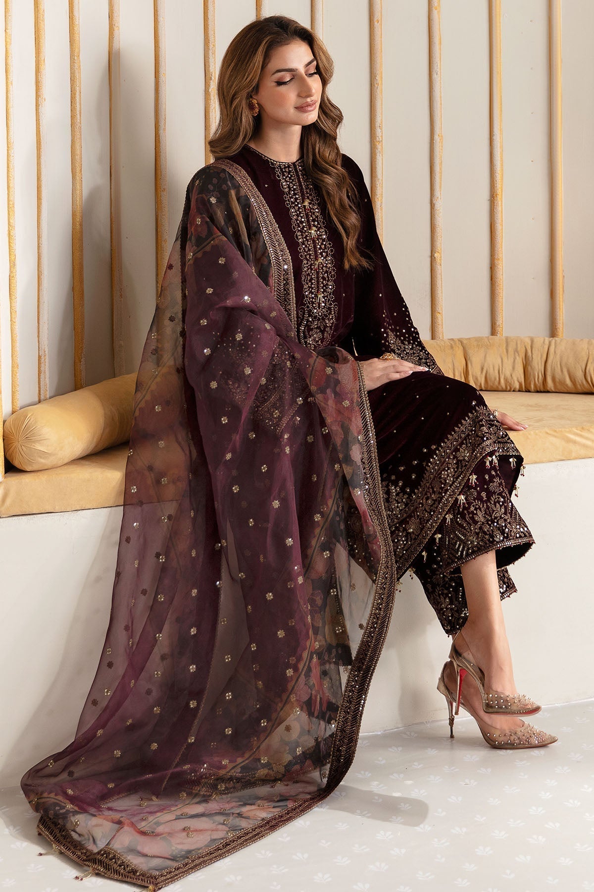 750 - Embroidered Velvet 3-Piece Dress with Organza Dupatta