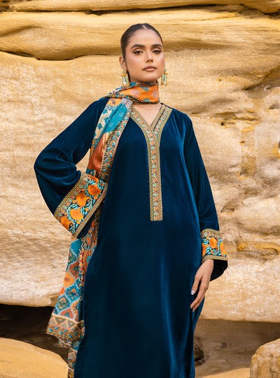 430 - Embroidered Velvet Dress with Printed Karandi shawl