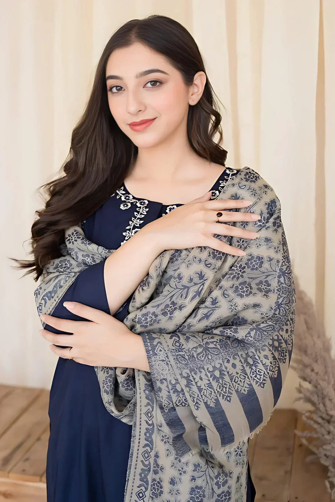 Blue Dhanak Embroidered 3 piece With Woolen Duppata Fcc-841