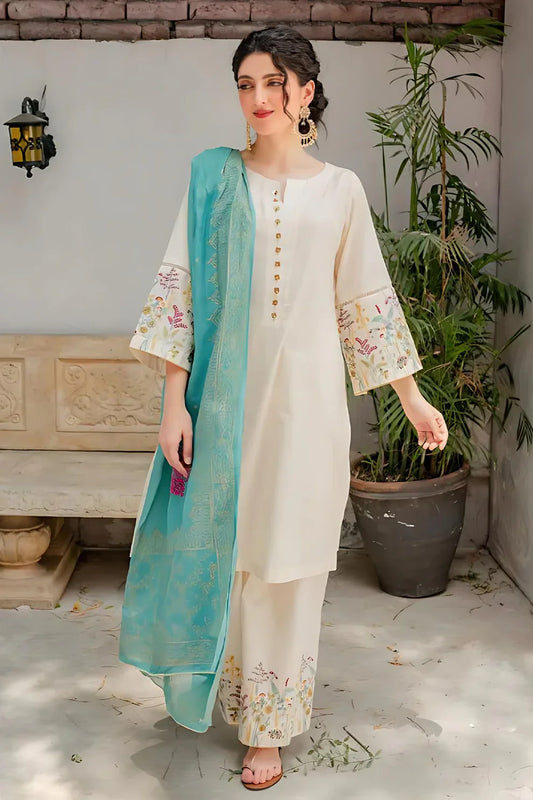 Embroidered Off White Lawn 3 Piece Suit D/882