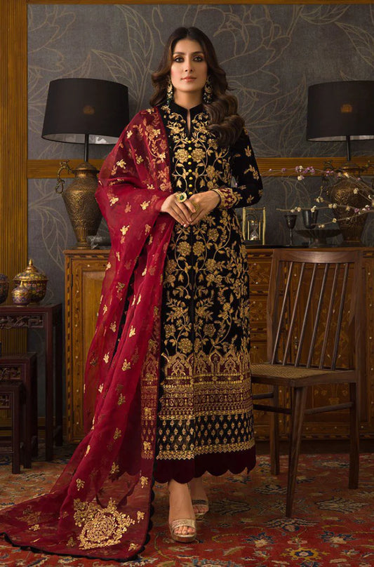 299 3PC Velvet Embroidered Shirt With Organza  Embroidered Dupatta