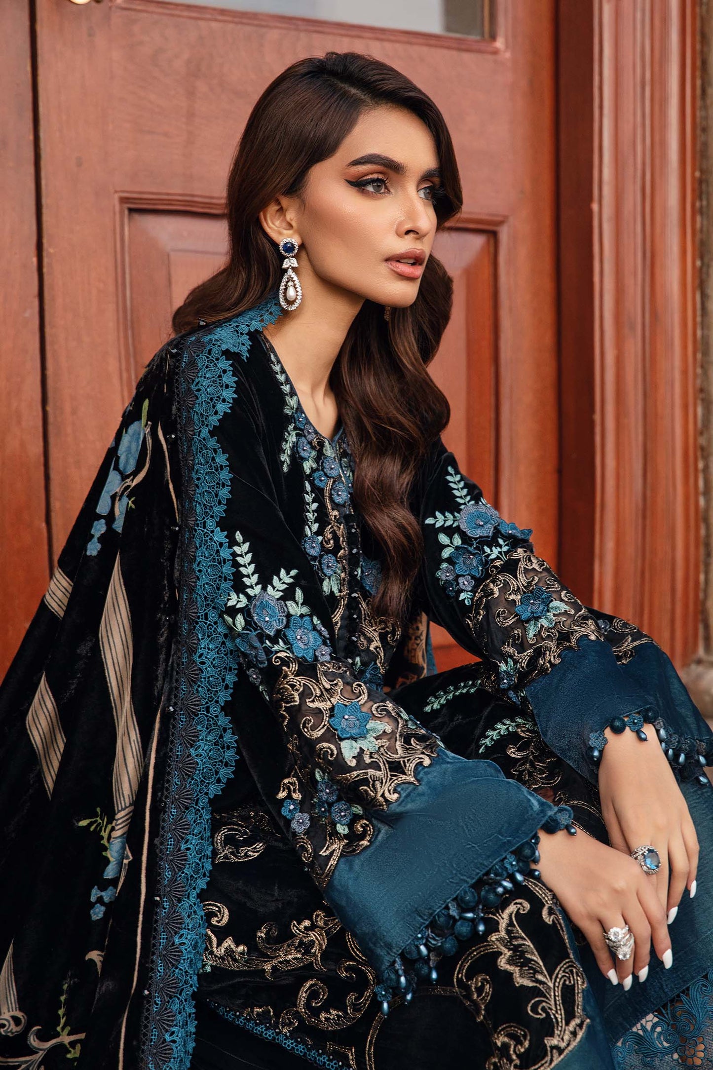 7003 Embroidered Velvet Dress with Plachi Velvet Shawl