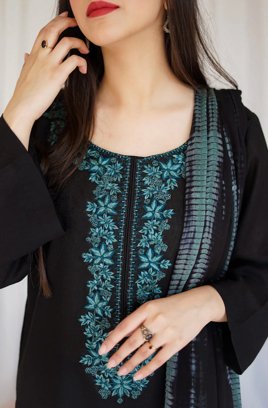 Black Dhanak Embroidered three piece Fcc-886