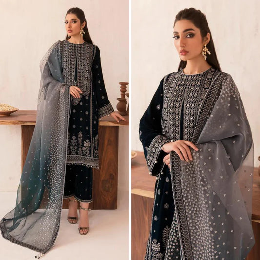 962-3PC Velvet Embroidered Dress With Embroidered Organza Dupatta