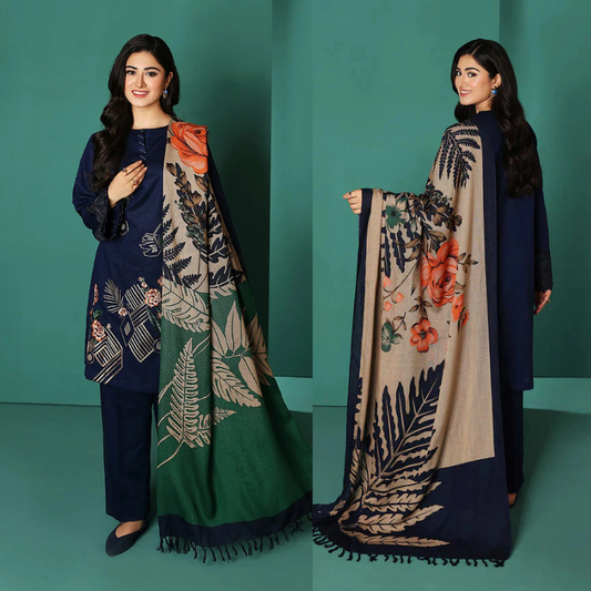 Nishat Blue Dhanak Embroidered Three Piece With Silk Woolen Shawl 539