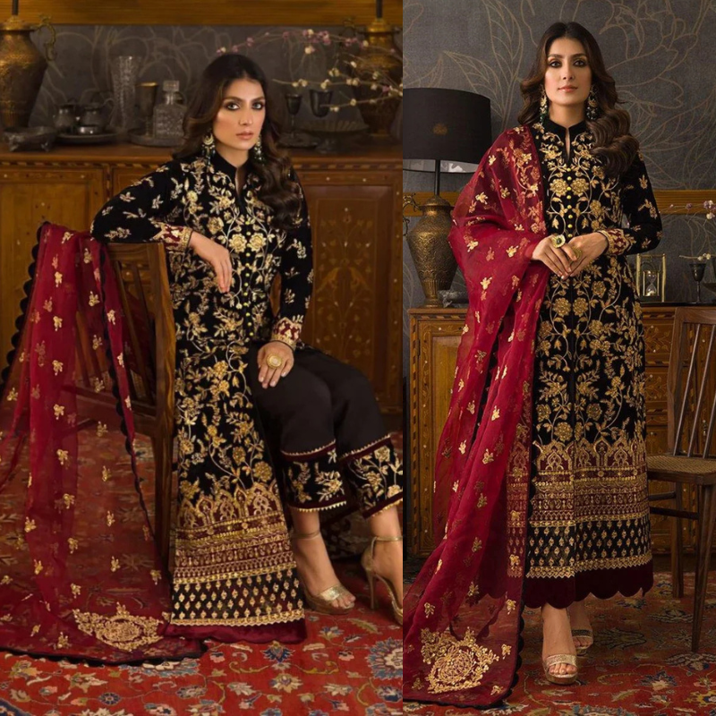 Black Color Embroidered Velvet 3 piece Winter Collection D-107