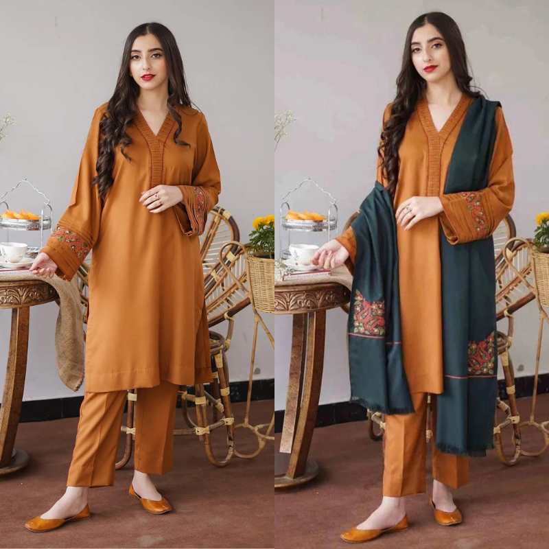 Embroidered Three Piece With Dhanak Duppata Fcc-476 (Musturd Dhanak)