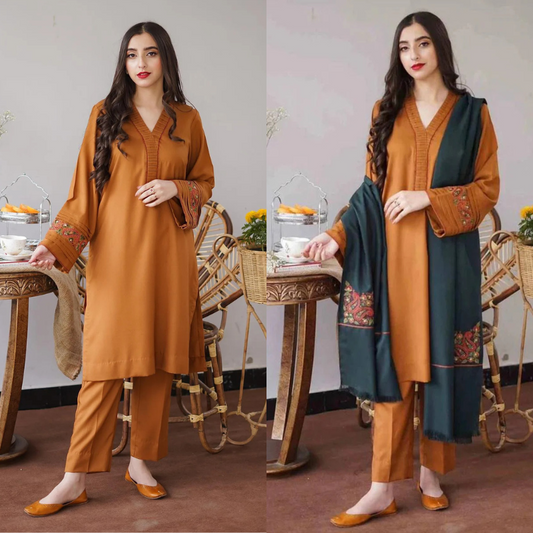 Embroidered Three Piece With Dhanak Duppata Fcc-476 (Musturd Dhanak)