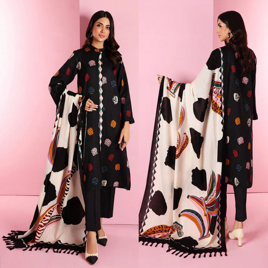 Khaadi Black Dhanak Embroidered 3 piece With Wool Shawl 18404