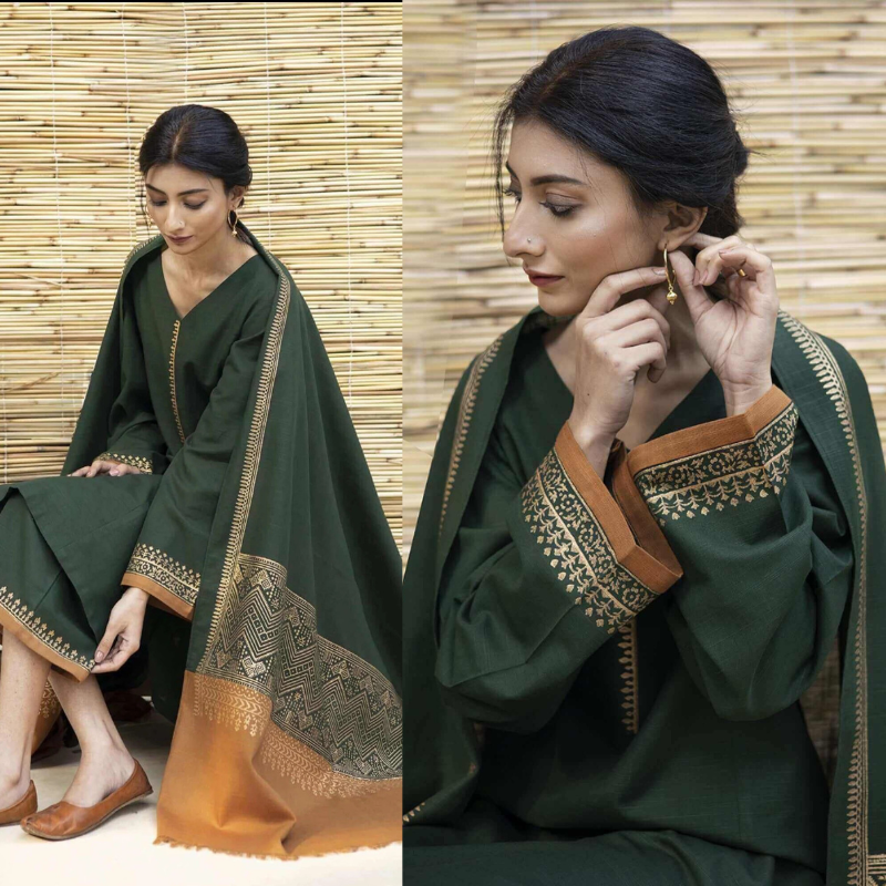 Mongia Dhanak Embroidered 3 piece With Dhanak Shawl Fcc-451