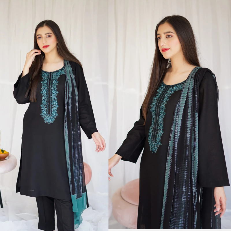 Black Dhanak Embroidered three piece Fcc-886