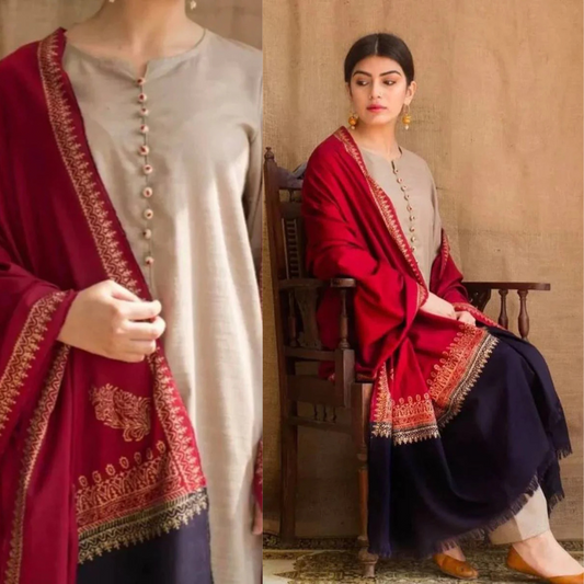 SKIN-GREY Dhanak Embroidered three piece With Dhanak Shawl FCC-452