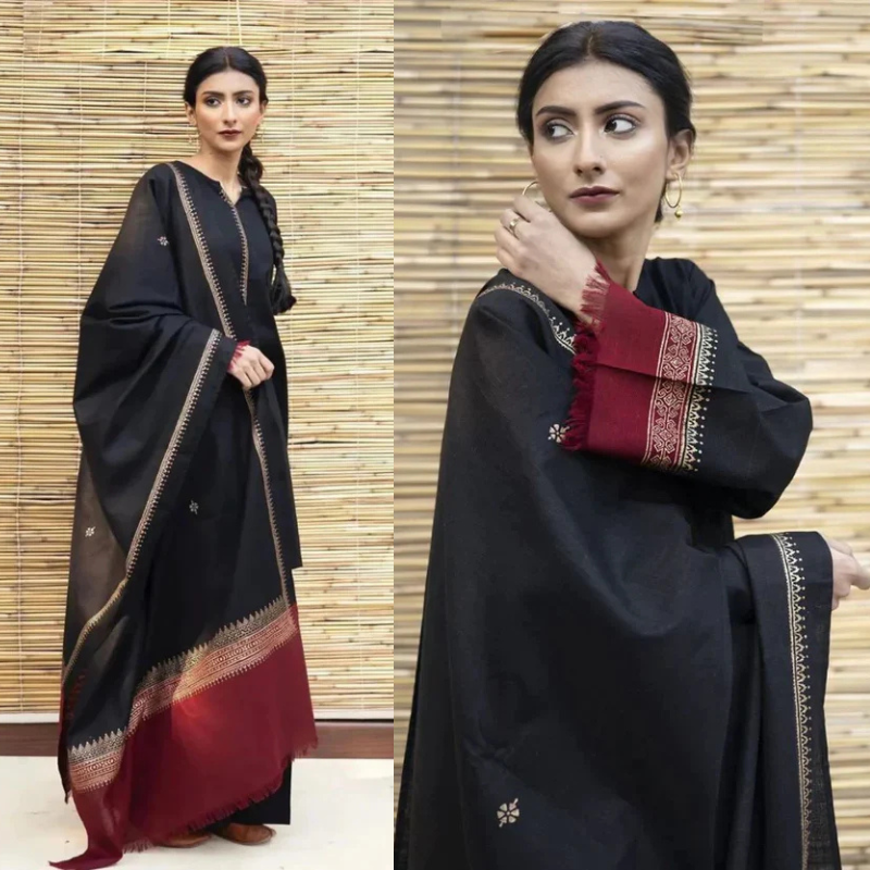 Black Dhanak Embroidered 3 piece With Dhanak Shawl Fcc-451