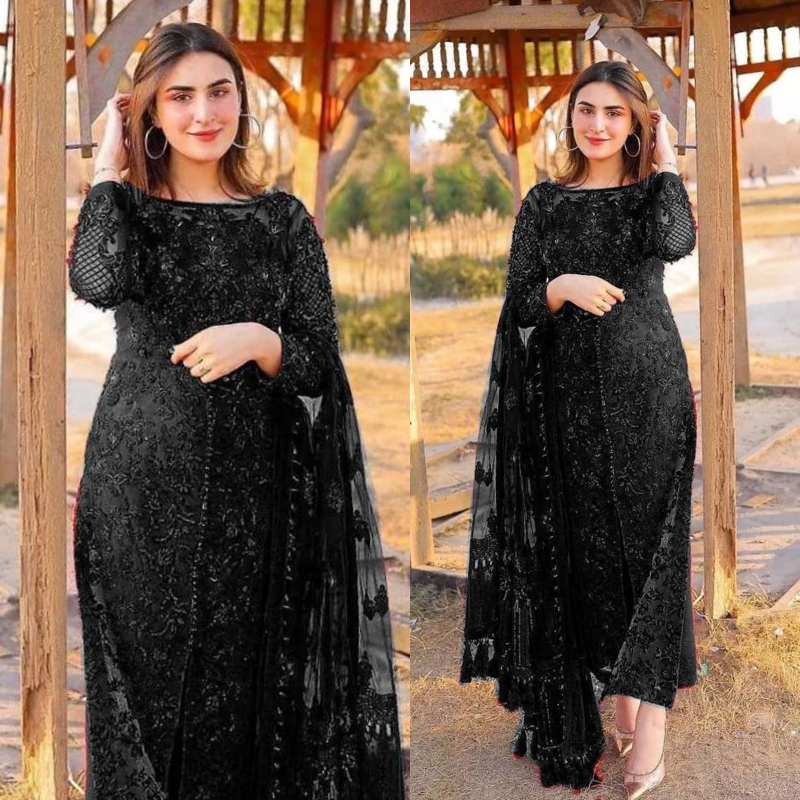 Black Organza Silk inner Embroidered 3 Piece - Design # 19