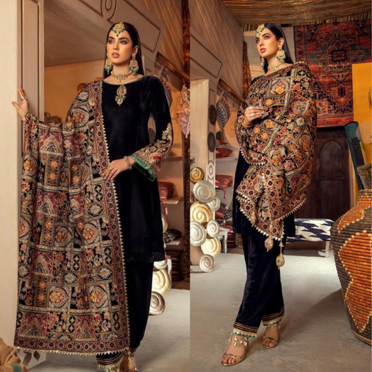 Black Embroidered Velvet 3 piece With Karandi Shawl - FCC ZC-115