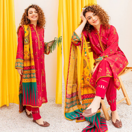 Batik Embroidered Dhanak Three Piece (BT-01)