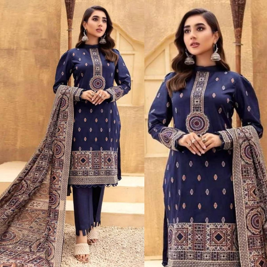 Blue Embroidered Karandi Three Piece Winter Collection FCC-189