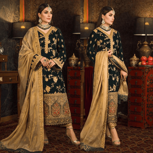 983-3 PC Velvet Embroidered Shirt With Organza Embroidered Dupatta