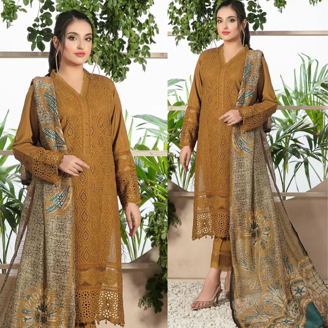 Chikenkari lawn Embroidered Three Piece Collection (D-762 Musturd)