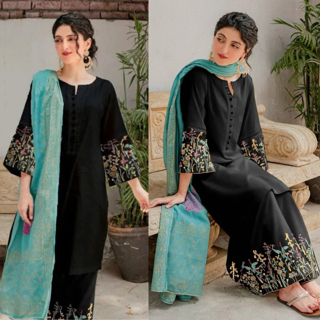Black Embroidered Three Piece Dhanak FCC-882