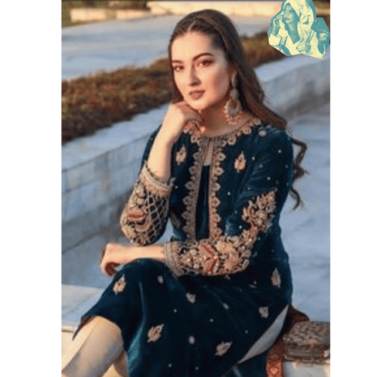 965-3PC Velvet Embroidered Dress With Dhanak Shawl