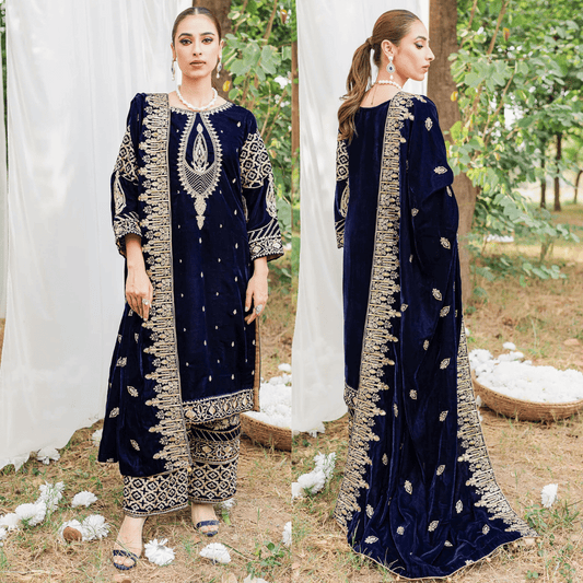 967-3PC Velvet Embroidered Dress With Velvet Embroidered Shawl