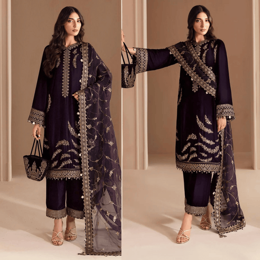 968-3PC Embroidered Velvet Dress With Shamooz Silk Trouser